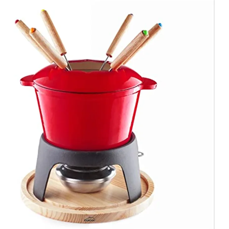 Lacor - 71711 - Fondue-Set aus emailliertem Eisen, Eisenständer mit Holzsockel, induktionsgeeignet, 6 Sehnen, Ø 16,5 x 10 cm (1,7 Liter), Rot