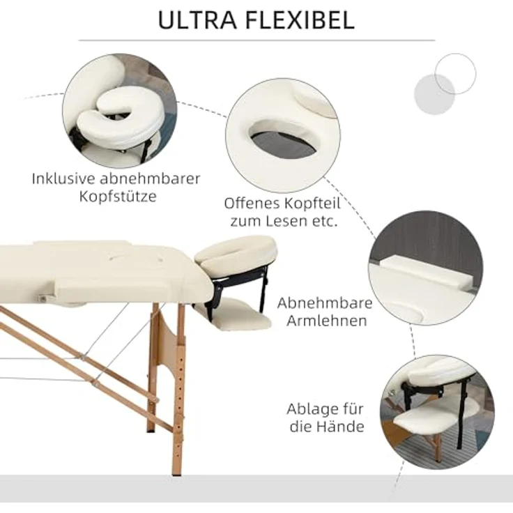 HOMCOM Massagetisch, faltbar, höhenverstellbar, aus Buchenholz, weiß, 182x87x60 cm, bis 250 kg belastbar, inkl. Tragetasche – Bild 4