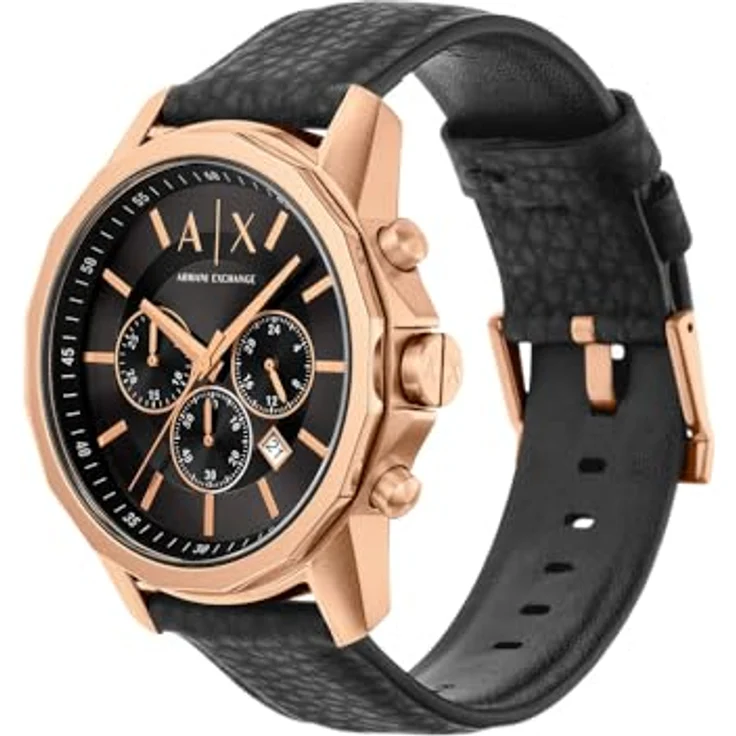Armani Exchange AX1769, Herren 44MM Roségoldfarbene Edelstahluhr mit schwarzem Sunray-Zifferblatt und Kautschukband, 50m Wasserdicht – Bild 3