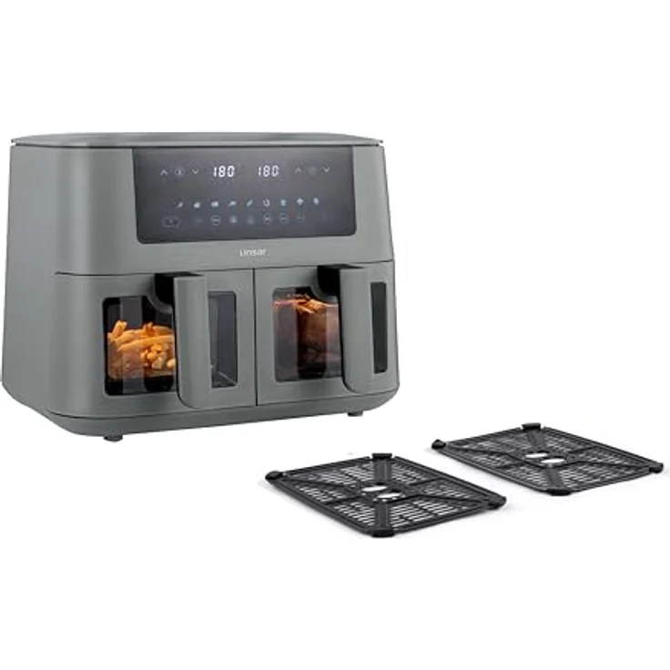Linsar Dual Zone Heißluftfritteuse mit Doppelkammer, 8L Air Fryer 2 Körben mit Sichtfenster, Touchscreen,9 Presets,Dual Cook, Synchronisieren Fertig Technik, 2570-3040 Watt (Grau) – Bild 2