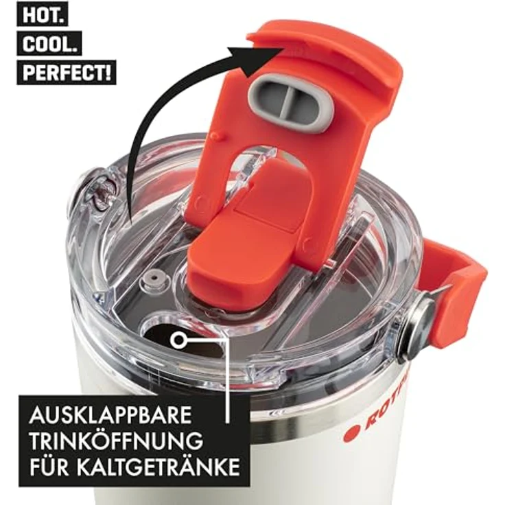 ROTPUNKT Thermobecher Edelstahl 500 ml, Isolierbecher mit Strohhalm & Click & Go Trinköffnung, auslaufsicher, BPA-frei, klappbarer Tragegriff, white – Bild 5
