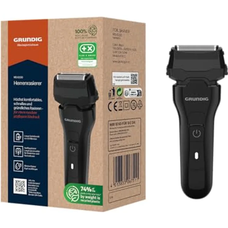 GRUNDIG MS 6330 Herrenrasierer, 60 Min Betriebszeit, Ausklappbarer Langhaarschneider, 3-fach Schneidsystem, Gehäuse aus 74% recyceltem Kunststoff, Weltweite Nutzung, Schwarz