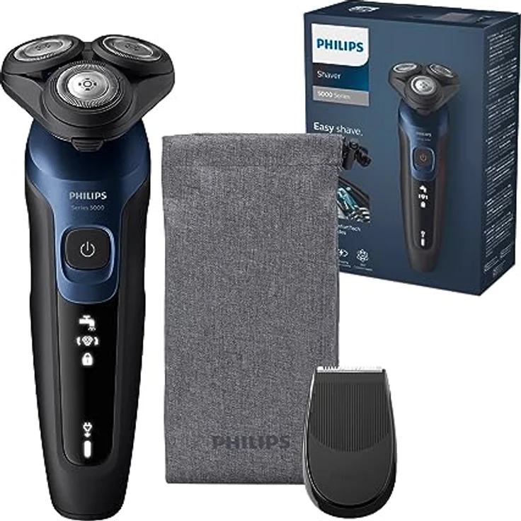 Philips Shaver Series 5000 – Elektrischer Nass- & Trockenrasierer für Herren mit Präzisionstrimmer & weicher Transporttasche, Metallic-Blau – Bild 1