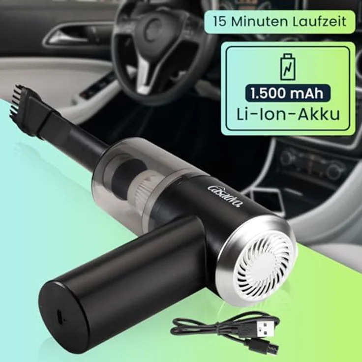 Casativo Akku-Handstaubsauger 50W, kabellos mit HEPA-Filter, LED-Leuchte, 3kPa Saugkraft, schwarz, 15 Min. Laufzeit, leicht (310 g) – Bild 2