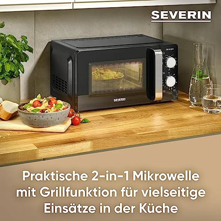 SEVERIN 2-in-1 Mikrowelle mit Grill 700 W, 900 W Grill, Grillofen mit 9 Automatikprogrammen, Mikrowelle mit Grillrost und Drehteller, schwarz / Edelstahl, MW 7781 – Bild 3