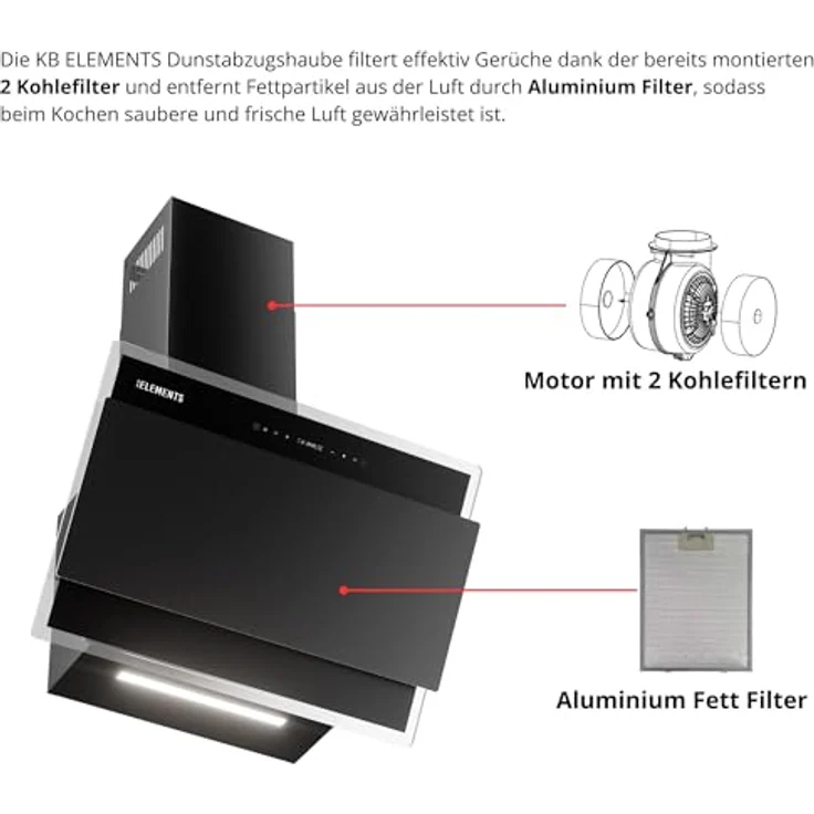 KB ELEMENTS Dunstabzugshaube Unterbau 60 cm, 1000 m³/h, Touch- und Gestensteuerung, Abluft- und Umluftbetrieb, Fernbedienung, LED-Beleuchtung – Bild 3