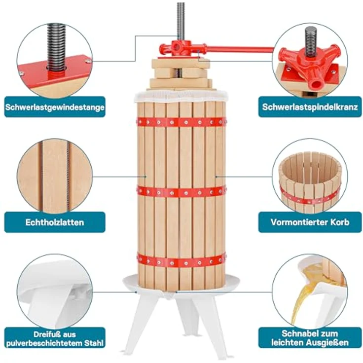 Wiltec 30L Obstpresse aus Buchenholz Saftpresse mit 3 passenden Presstüchern Weinpresse aus Holz in rot - Ideal zum Wein und Apfelsaft selber machen – Bild 7