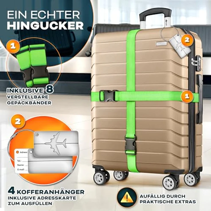tillvex® Reisekoffer Set 4-TLG. Hartschalenkoffer S-M-L-XL mit TSA Schloss, Gepäckwaage, 8 Koffergurte & 4 Kofferanhänger, 4 Rollen, Champagner – Bild 2