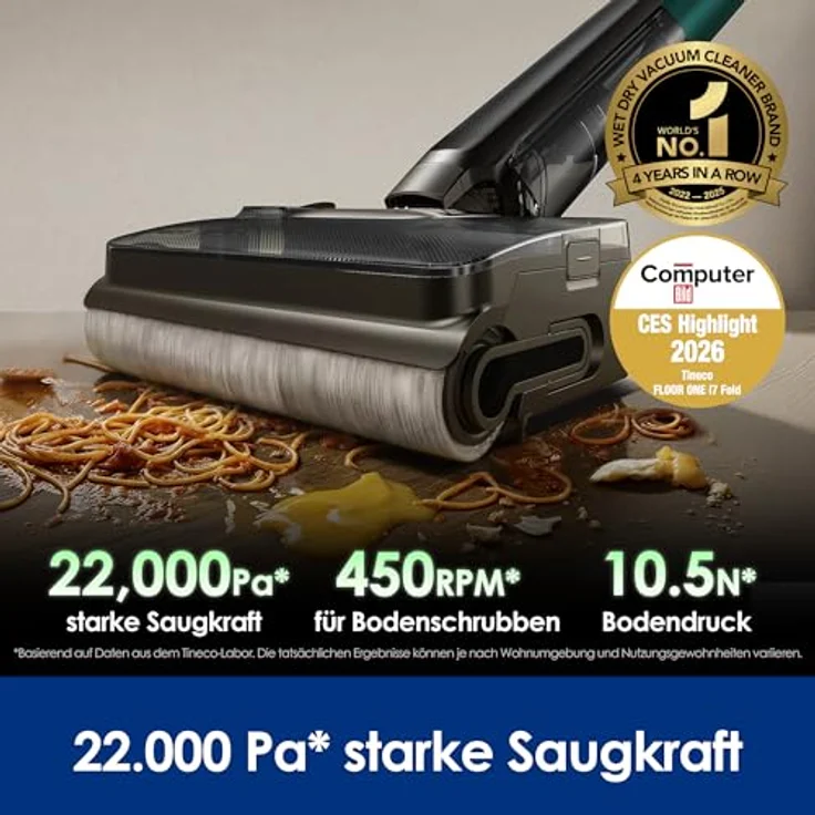 Tineco Floor One i7 Fold, Nass-Trockensauger mit 22000 Pa Saugkraft, Anti-Haar-Verwicklung, 180° Faltbares Rohr, SilentDry, 50 Min. Laufzeit, Leichtgerät für Tierhaare – Bild 2