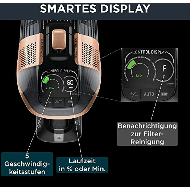 Rowenta RH99F1 X-Force Flex 15.60 Animal Handstaubsauger, 80 min Akkubetrieb, Akkuwechsel-Option, Flex-Gelenk, schwarz-gold – Bild 5
