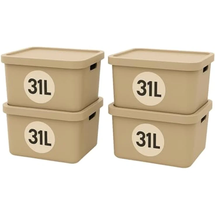 Plastard Aufbewahrungsboxen mit Deckel 31 L, 4er-Set, Beige, BPA-frei, stapelbar, robust und vielseitig für Küche, Bad, Büro, Kinderzimmer – Bild 1