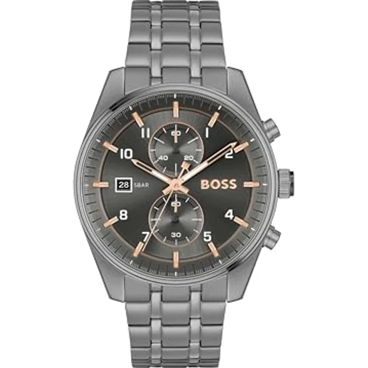 BOSS Chronograph Quarz Uhr für Herren Kollektion SKYTRAVELLER mit Edelstahlarmband - Grau, 316L-Edelstahl-Mesh-Armband, wasserdicht bis 5 bar – Bild 1