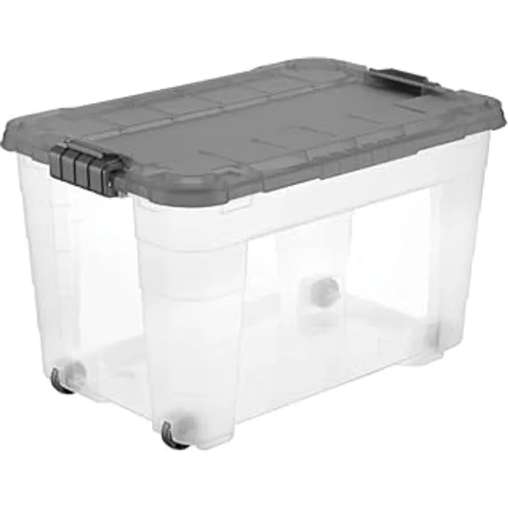 Tontarelli Aufbewahrungsbox XL, mit Rollen und Deckel, 60L, transparent, ideal für Kleidung und Spielzeug