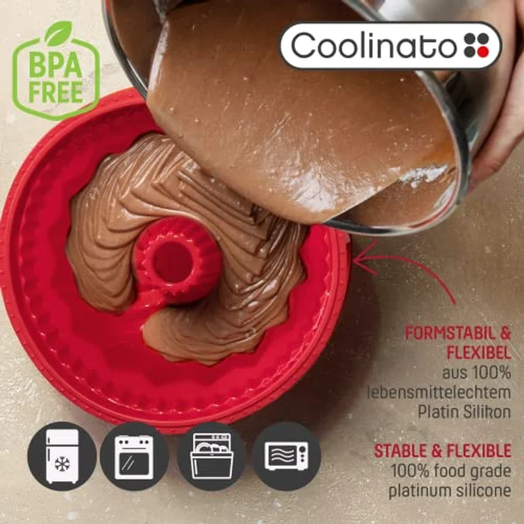 Coolinato 5er Set Silikon Gugelhupfformen rund, Rot, 1x groß 4x klein, Silikonformen zum Backen von großen und kleinen Gugelhupf Kuchen, inkl. 4 Rezepten – Bild 3