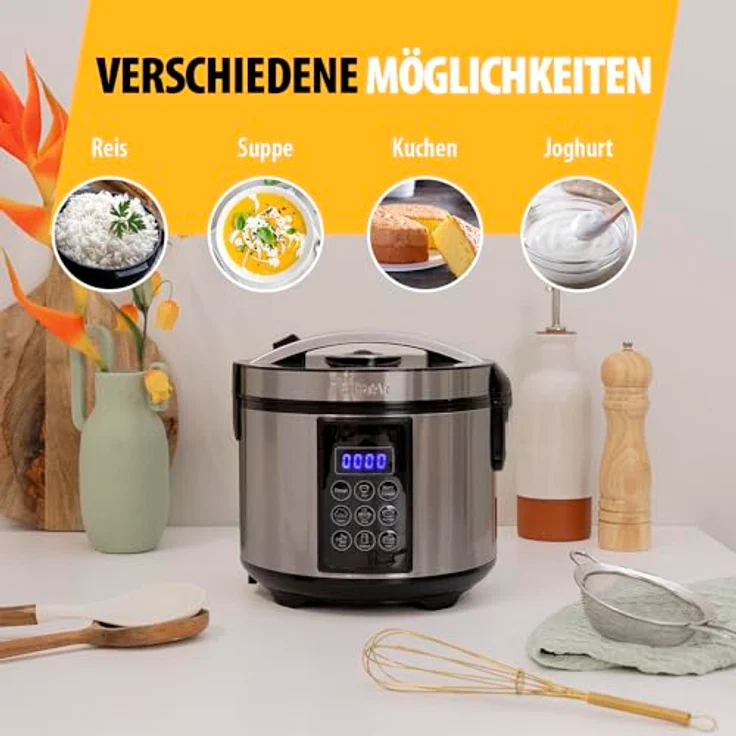 Tristar RK-6132 Digitaler Edelstahl Reis- und Multikocher, 1,5 Liter Kapazität, 500 Watt Leistung, Warmhaltefunktion bis 24 h, 7 verschiedene Kochprogramme, Zubehör – Bild 4