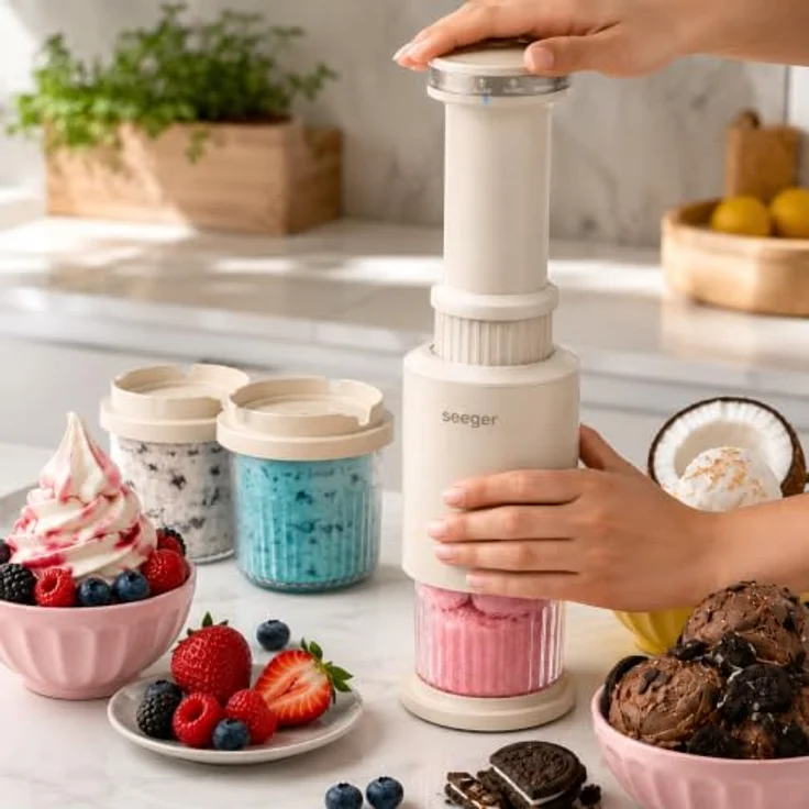 Seeger CompactCream 5-in-1 Eismaschine mit 3 stapelbaren Dessertbechern, für Eiscreme, Gelato, Sorbet, Slush und Frozen Drinks, 3 x 350 ml Becher – Bild 4