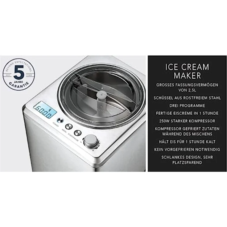 WILFA VANILLA ICM1S-250 Eismaschine mit Kompressor, 250W, Sorbet und Frozen Yoghurt, 2,5 Liter Fassungsvermögen, LCD-Display, Timer, Kühlhaltefunktion, silber – Bild 5
