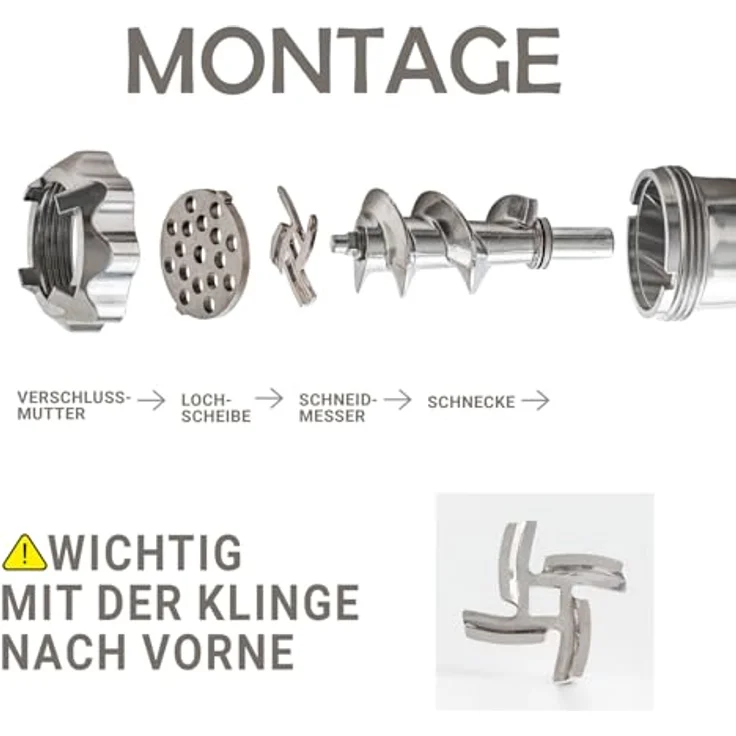 KVOTA Elektrischer Fleischwolf 1500 W max, 3 Lochscheiben (3/5/7 mm), Wurstaufsätze (13,5/19,5/22 mm) & Kibbeh-Aufsatz, Edelstahlgehäuse – Bild 7