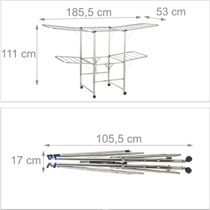 Relaxdays Silber Wäscheständer XXL, Standtrockner, Türmständer mit Flügeln und Rollen, faltbar, HBT 111 x 185,5 x 53 cm – Bild 4
