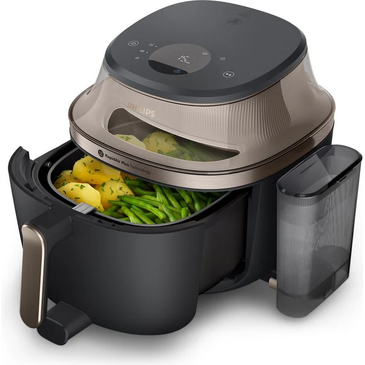 Philips Heißluftfritteuse NA547/07 Steam Airfryer 5000 Series, 7,2L, 2000 W, mit Dampfgarfunktion und RapidAir Plus Technologie, Schwarz/Gold