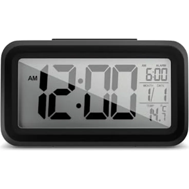 Mebus digitaler Wecker 1594101, Kunststoff Schwarz mit Lichtsensor, 2 Weckzeiten, Innenthermometer und Hintergrundbeleuchtung