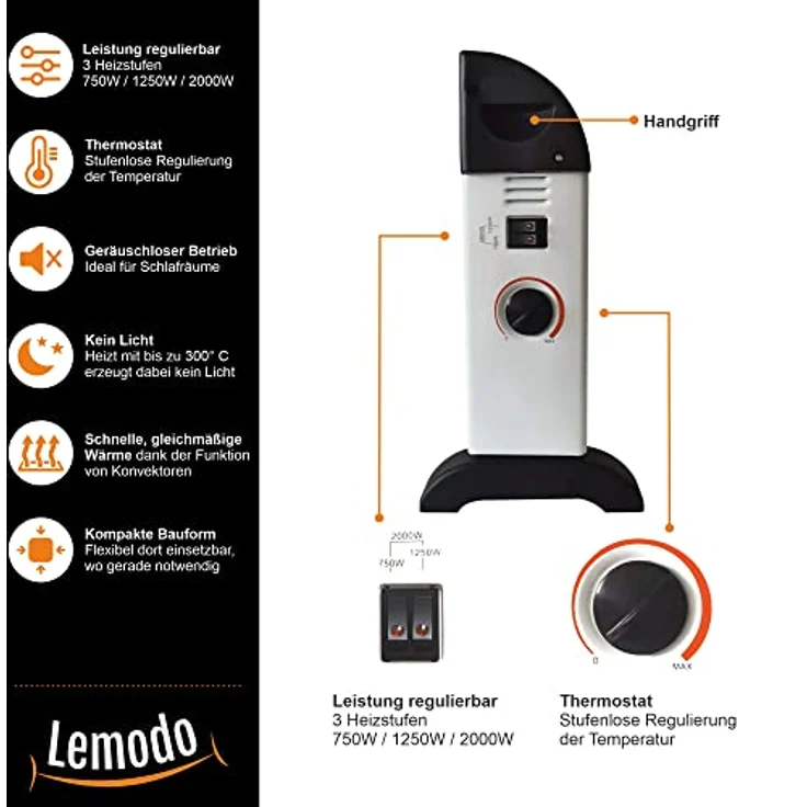 LEMODO Elektroheizung | Mobile Konvektor Heizung | Elektrische Heizung mit 3 Leistungsstufen (750W / 1.250W / 2.000W) | Heizgerät ohne Gas und ohne Öl | Energiesparender Elektroheizkörper – Bild 2