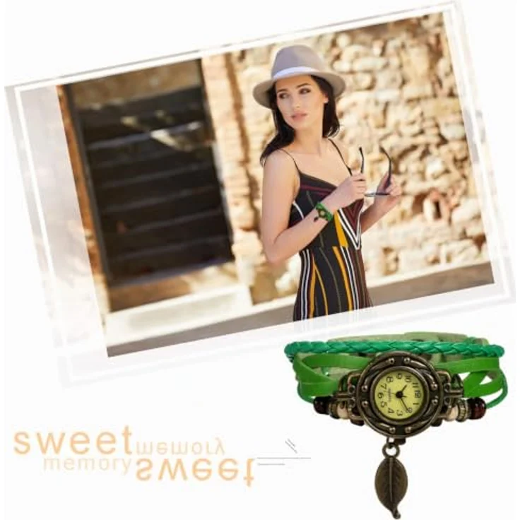 JewelryWe Damen Armbanduhr, Retro geflochtenes Lederarmband mit Baum Blatt Anhänger, Grün, Quarzwerk, 8.46" Gesamtlänge – Bild 2