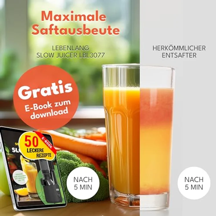 Leben Lang Slow Juicer, Entsafter mit großer Einfüllöffnung für ganze Früchte und Gemüse, inklusive Rezepte im E-Book – Bild 3