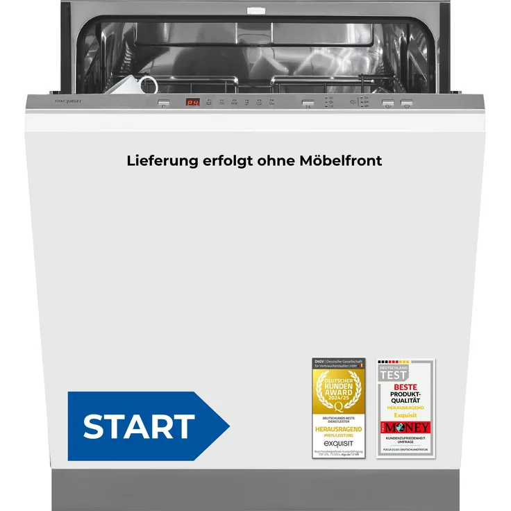 Exquisit EGSP56312-E-030E Einbau-Geschirrspüler, 12 Maßgedecke, 49 dB(A), Startzeitvorwahl, Aquastop, höhenverstellbarer Geschirrkorb, silber