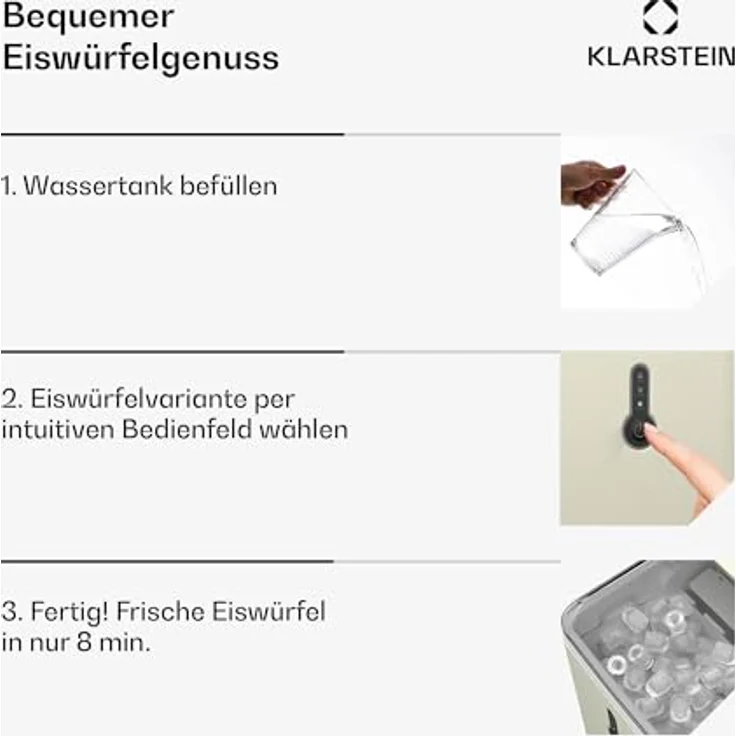Klarstein Eiswürfelmaschine Klein - 12 kg/24 h, 8 Min Zyklus, 1,5 L Wassertank, LED-Anzeigen, Tragbar, Transparenter Deckel, Inkl. Schaufel - Eiswürfelbereiter für Partys – Bild 4