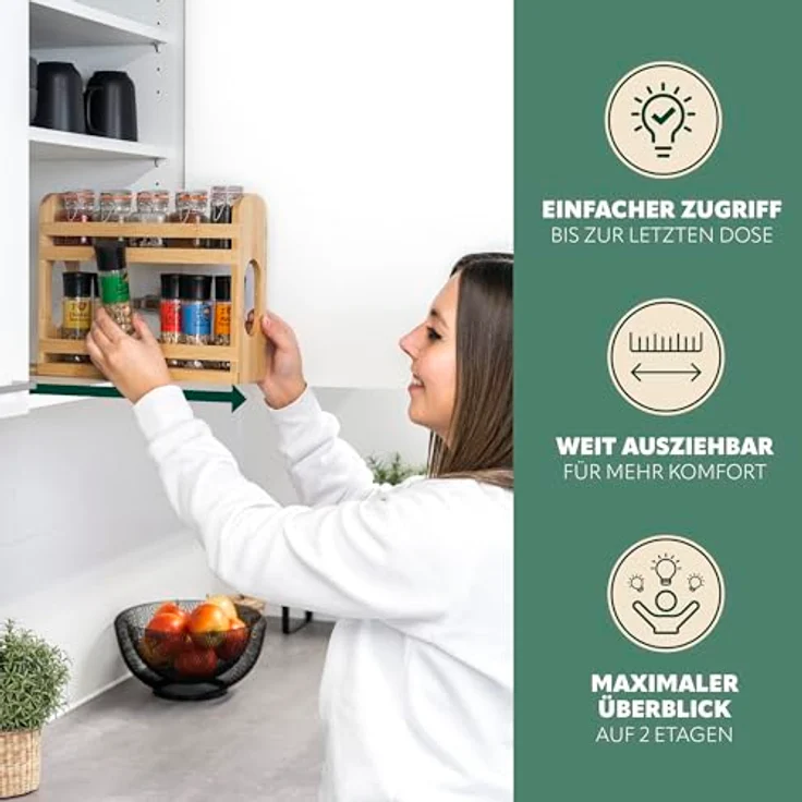 eluno Gewürzregal ausziehbar mit 2 Etagen aus Bambus 29 x 10 x 24,5 cm, praktischer Schrankorganizer in warmem Naturton – Bild 3