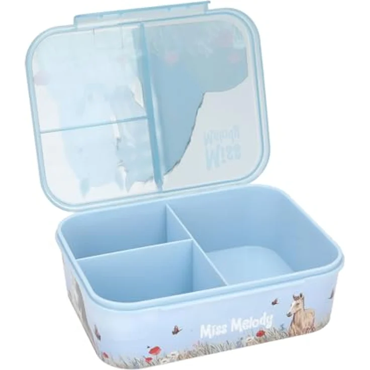 Depesche 13398 Miss Melody Dusty Rose, Lunchbox in Hellblau mit Pferde Motiv und Mohnblumen, 3 Fächer und transparenter Deckel – Bild 3