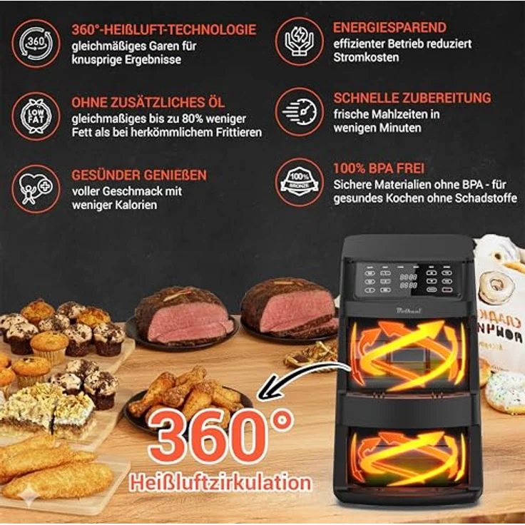 Bolkani Doppelkammer Heißluftfritteuse, 2500W Vertikale Double Stack Airfryer mit Sichtfenster, 11L, 6 Funktionen, Innenbeleuchtung, Antihaft-Beschichtung, Schwarz-Silber – Bild 5
