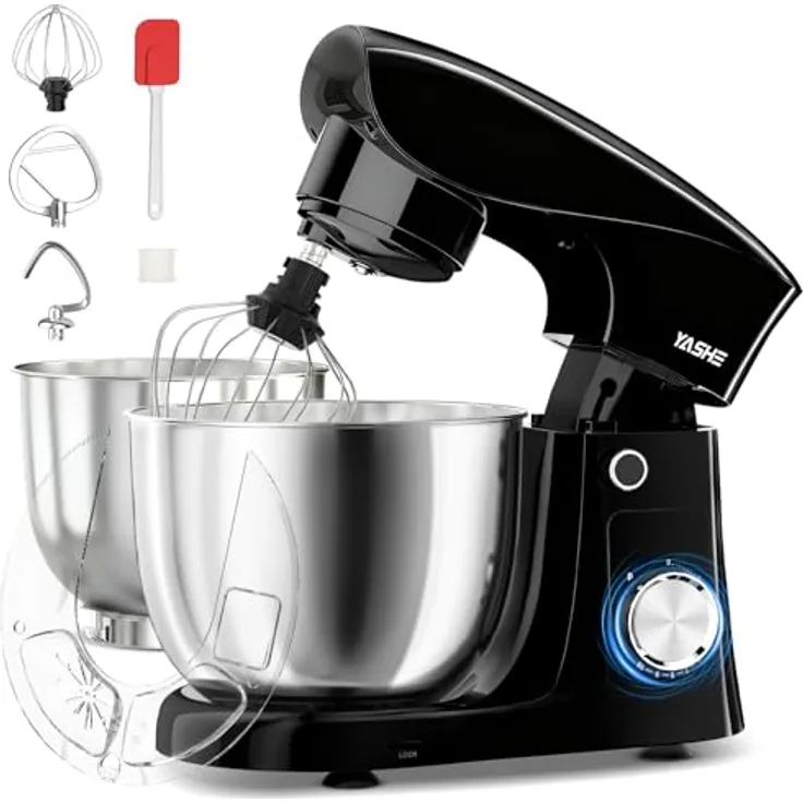 YASHE Küchenmaschine 1500W, Dual-Bowl-Design mit 4,5L und 5L Edelstahlschüsseln, 10 Geschwindigkeitsstufen, Kippkopf, inkl. Knethaken, Rührbesen und Schneebesen