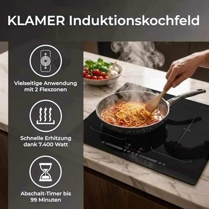 KLAMER Induktionskochfeld 60 cm, 4 Zonen mit 2 Flexzonen, 7400 Watt, Boost Funktion, 9 Leistungsstufen, Timer bis 99 min, Kindersicherung, kratzfeste Glasoberfläche – Bild 2