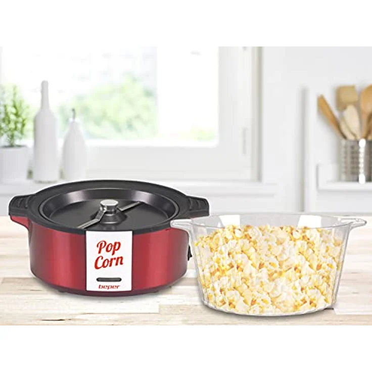 BEPER P101CUD050 Popcornmaschine, 700 W, Antihaftbeschichtung, Kochen mit Butter/Öl, drehbarer Schaufel aus Stahl, Deckel verwandelt sich in eine Schale, Löffel im Lieferumfang enthalten, Rot – Bild 3