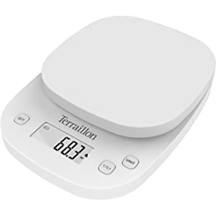 TERRAILLON PRECISION Elektronische Waage mit dynamischer Skala 0,1 g - Kapazität 2 kg - Tara-Funktion - Flüssigkeitskonvertierung - LCD-Display - Weiß