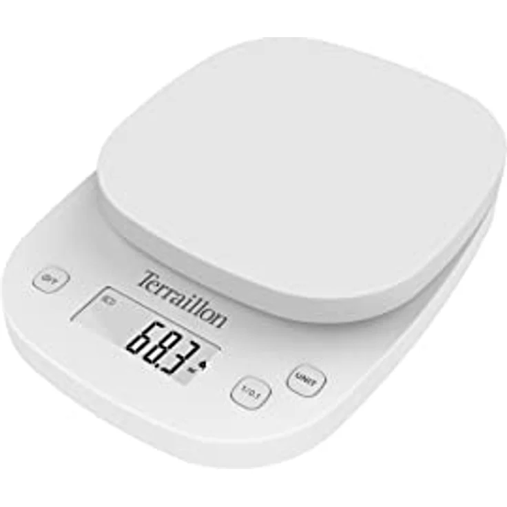 TERRAILLON PRECISION Elektronische Waage mit dynamischer Skala 0,1 g - Kapazität 2 kg - Tara-Funktion - Flüssigkeitskonvertierung - LCD-Display - Weiß