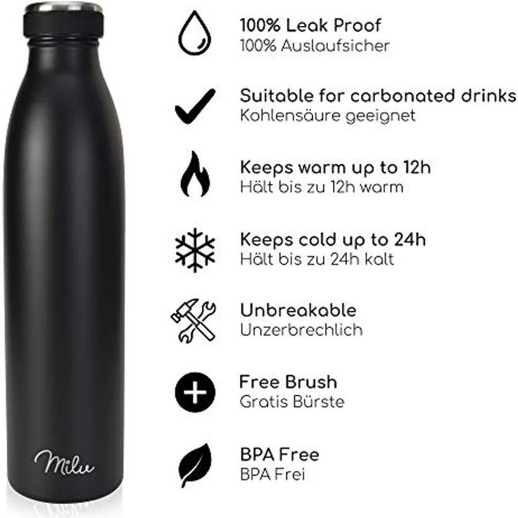 Milu Thermoflasche 350ml 500ml 750ml 1L 1,5L Isolierte Edelstahl Trinkflasche Thermoskanne Auslaufsichere Isolierflasche doppelwandig für heiße und kalte Getränke, Kohlensäure geeignet (Schwarz 750ml) – Bild 2