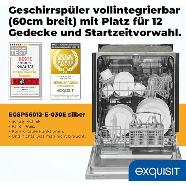 Exquisit EGSP56012-E-030E, vollintegrierter Einbaugeschirrspüler 60cm, 12 Maßgedecke, 11 Liter Verbrauch, 4 Spülprogramme, ECO-Modus, silber – Bild 2