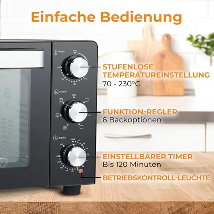 KLAMER Minibackofen mit Umluft, 30 Liter, 6 Backfunktionen, 70-230°C, 120 min. Timer, Drehspieß und umfangreiches Zubehör, Schwarz – Bild 5