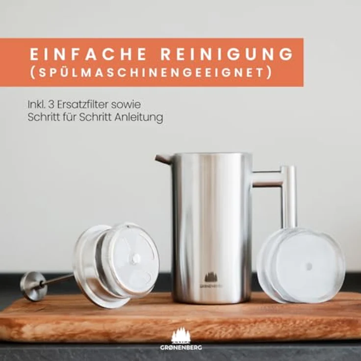 Groenenberg Spar Set 3 | Bio Filter Kaffeebohnen 250g + Thermo French Press + Edelstahl Kaffeemühle, säurearm, zartbitterschokoladiger Geschmack – Bild 2