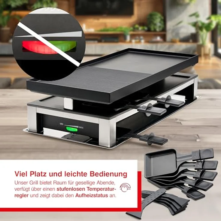 Solis 3 in 1 Combi Grill, Elektrischer Raclette Grill für 10 Personen, 1500 W, Indoor Grill mit Wende-Grillplatte und Raclette Zubehör, Edelstahl – Bild 3