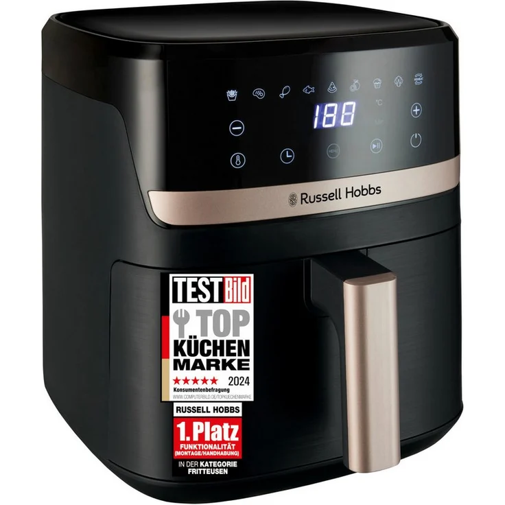 RUSSELL HOBBS Heißluftfritteuse Satisfry 27620-56, 1500 W, variable Temperaturregelung von 40-200°C, 9 voreingestellte Programme, schwarzes Gehäuse mit Champagner-Akzenten