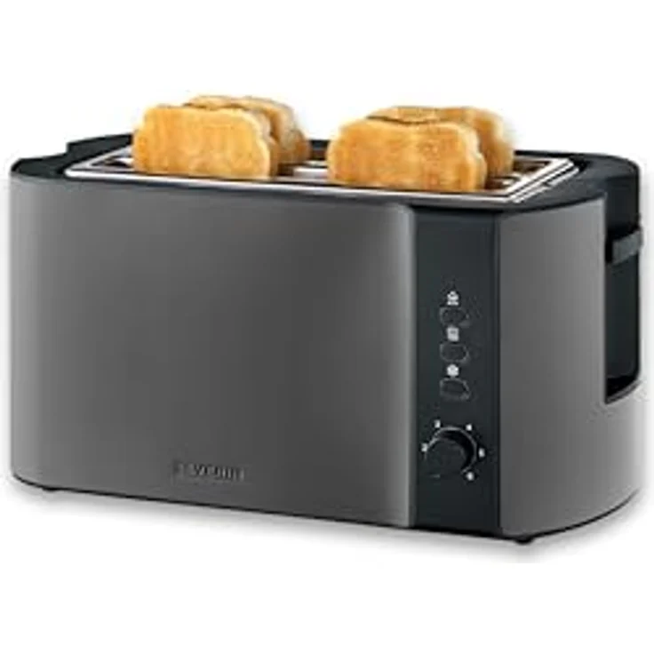 Severin AT 9341 Langschlitz-Toaster, 4-Scheiben Toaster mit 1400 Watt, Schwarz und Edelstahl, Auftaufunktion und Brötchenaufsatz – Bild 2