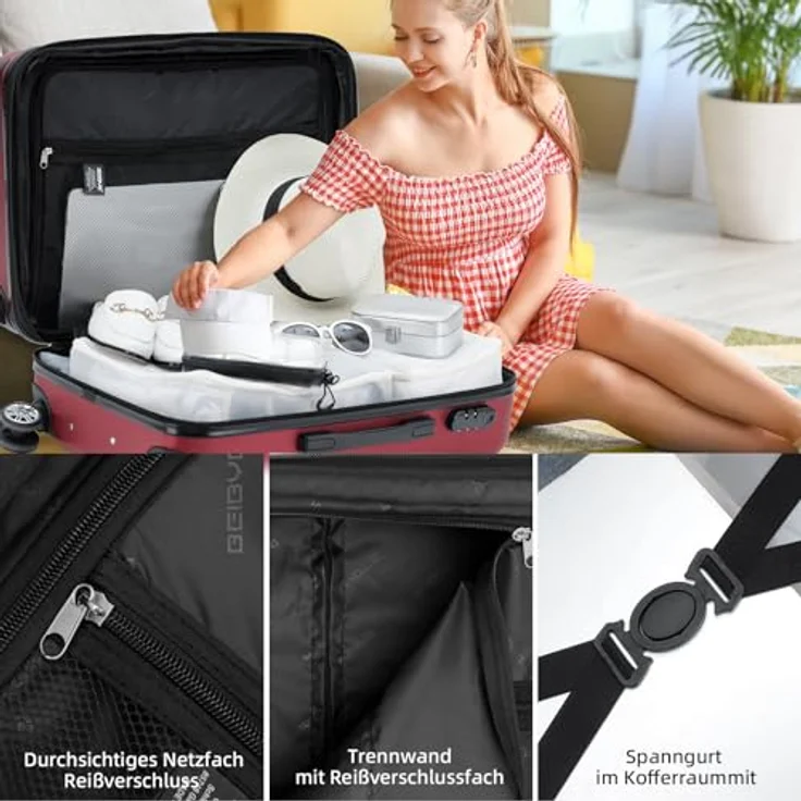 BEIBYE Trolley Koffer Reisekofferset, Hartschale mit Dehnungsfuge, 4 Zwillingsrollen, integriertes Sicherheits-Zahlenschloss, Handgepäck und Reisetasche, Wein Rot – Bild 4