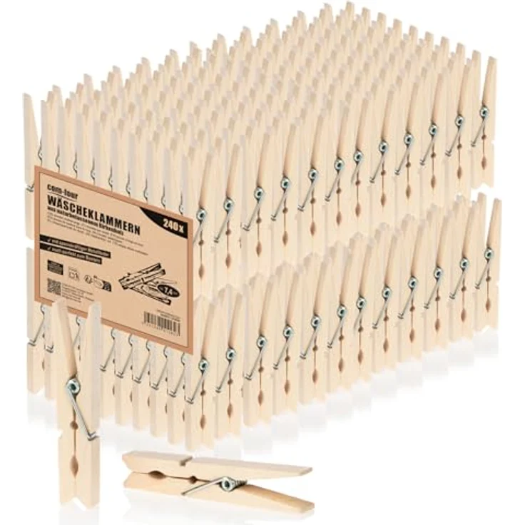 com-four® 240 Wäscheklammern aus Birkenholz, naturfarben, witterungsbeständig mit kräftiger Metallfeder – Bild 1