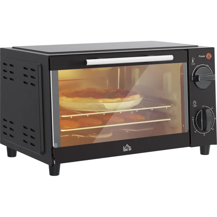 HOMCOM Minibackofen 9L, mit Backblech, Grillrost, 100 °C-230 °C, 60 Min. Timer, 750W, Edelstahl, Schwarz