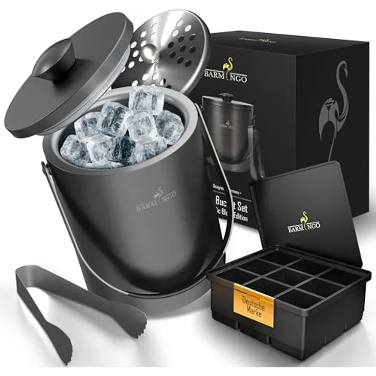 BARMINGO Edelstahl Eiswürfelbehälter mit Deckel, 2l doppelwandig isolierter Eiskübel mit Sieb, Eiswürfelform und Zange, BPA-frei, Metallic-Schwarz
