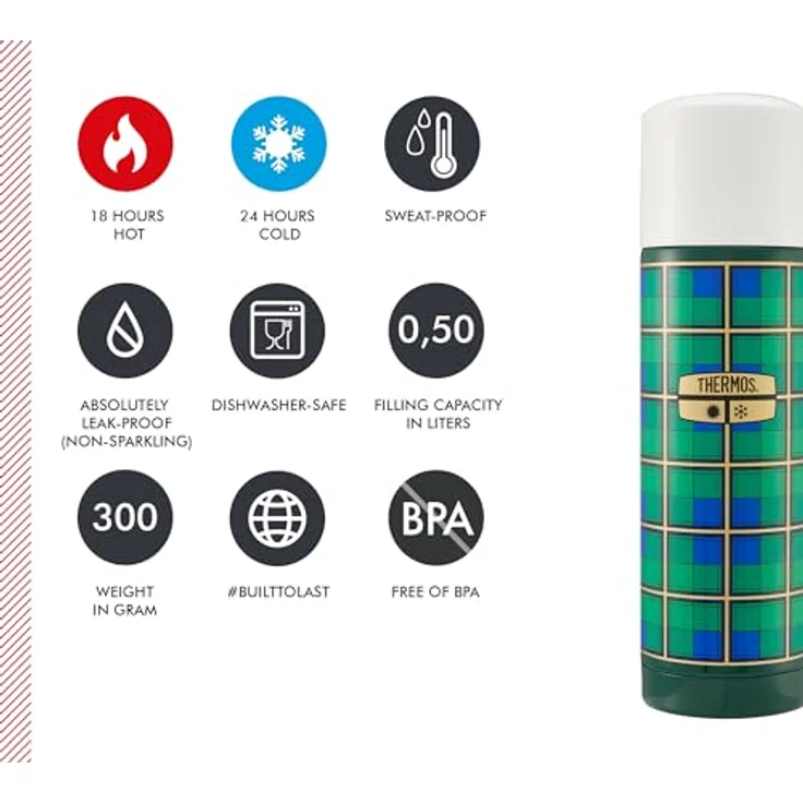 Thermos THERMOS REVIVAL BEVERAGE BOTTLE 0,50l, retro green, Edelstahl Isolierflasche mit Trinkbecher, 18 h heiß / 24 h kalt, spülmaschinenfest, absolut dicht, BPA-frei – Bild 5